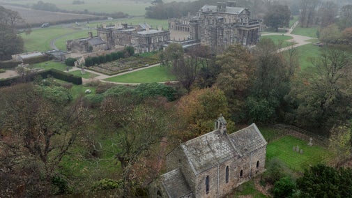 Aerial view of the Church of Our Lady next to Seaton Delaval Hall Northumberland